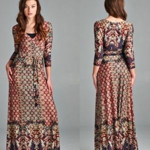 Boho Faux Wrap Long Maxi Dress Full Skirt Sz Small